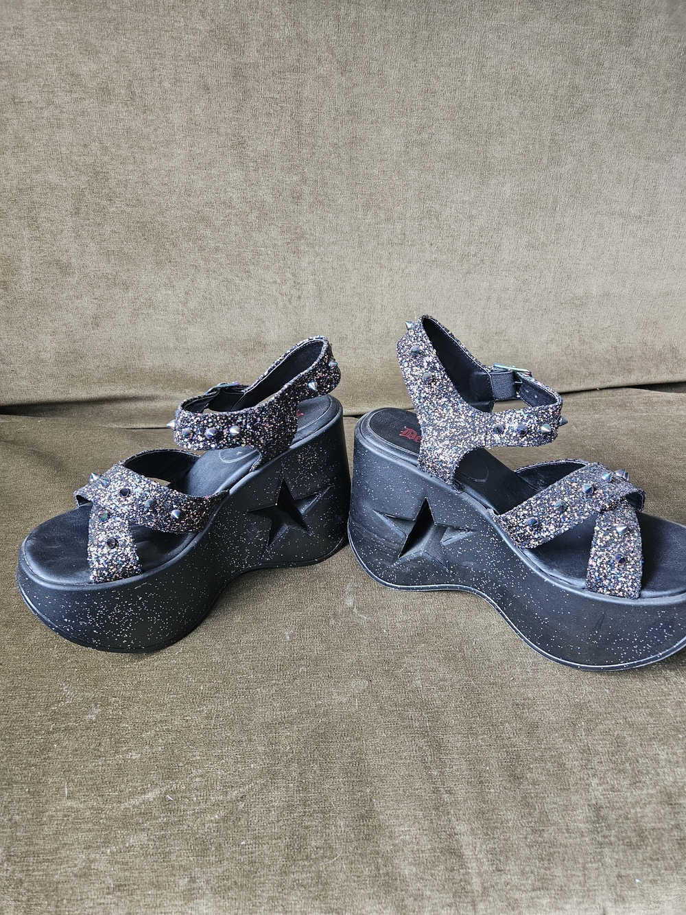 Demonia Dynamite Sandals - Black Glitter Platform Sandals with Studs - Womens 10 - Picture 9 of 11